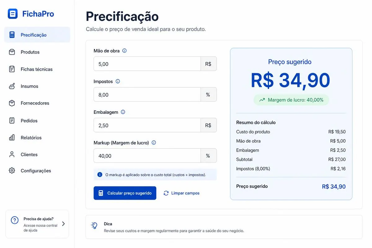 Tela de precificação com preço sugerido e margem